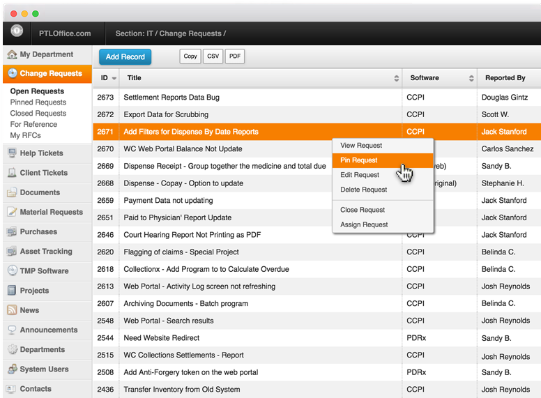 PTLOffice Change Request and Help Ticketing System